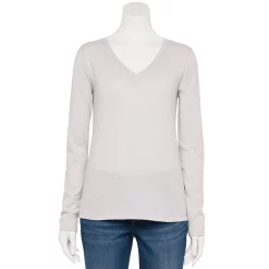 Women's Sonoma Goods For Life® Everyday V-Neck Long Sleeve Tee -StyleUp Sales Store 5625801 Gray Texture