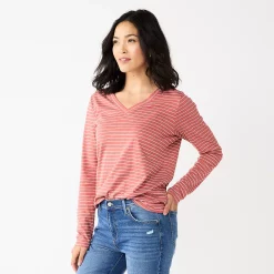 Women's Sonoma Goods For Life® Everyday V-Neck Long Sleeve Tee -StyleUp Sales Store 5625801 Mauve Stripe
