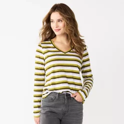 Women's Sonoma Goods For Life® Everyday V-Neck Long Sleeve Tee -StyleUp Sales Store 5625801 Olive Stripe