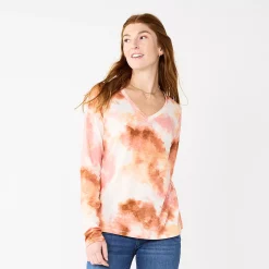 Women's Sonoma Goods For Life® Everyday V-Neck Long Sleeve Tee -StyleUp Sales Store 5625801 Pink Neutral Tie Dye
