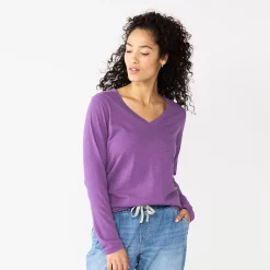 Women's Sonoma Goods For Life® Everyday V-Neck Long Sleeve Tee -StyleUp Sales Store 5625801 Purple
