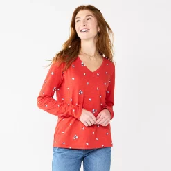 Women's Sonoma Goods For Life® Everyday V-Neck Long Sleeve Tee -StyleUp Sales Store 5625801 Red Scatter Floral