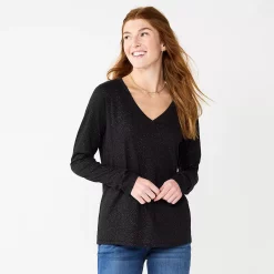 Women's Sonoma Goods For Life® Everyday V-Neck Long Sleeve Tee -StyleUp Sales Store 5625801 Shine Black