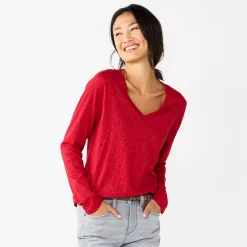 Women's Sonoma Goods For Life® Everyday V-Neck Long Sleeve Tee -StyleUp Sales Store 5625801 Shine Red