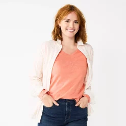 Women's Sonoma Goods For Life® Everyday V-Neck Long Sleeve Tee -StyleUp Sales Store 5625801 Texture Coral