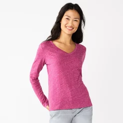 Women's Sonoma Goods For Life® Everyday V-Neck Long Sleeve Tee -StyleUp Sales Store 5625801 Texture Dark Pink