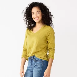Women's Sonoma Goods For Life® Everyday V-Neck Long Sleeve Tee -StyleUp Sales Store 5625801 Yellow Olive