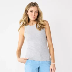 Women's Sonoma Goods For Life® Slim Fit High Neck Rib Tank -StyleUp Sales Store 5651280 Heather Gray