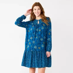 Women's Sonoma Goods For Life® Printed Long Sleeve Dress -StyleUp Sales Store 5657674 Blue Multi Floral