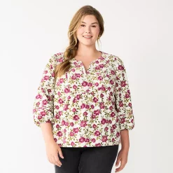 Plus Size Sonoma Goods For Life® Notchneck Long Sleeve Top -StyleUp Sales Store 5661416 Cream Pink Floral