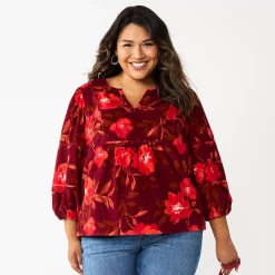 Plus Size Sonoma Goods For Life® Notchneck Long Sleeve Top -StyleUp Sales Store 5661416 Large Red Floral