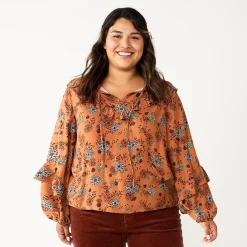 Plus Size Sonoma Goods For Life® Ruffle Peasant Top -StyleUp Sales Store 5662063 Brown Blue Floral