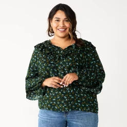 Plus Size Sonoma Goods For Life® Ruffle Peasant Top -StyleUp Sales Store 5662063 Dark Green Mini Floral