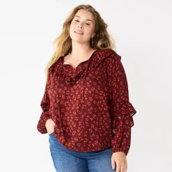 Plus Size Sonoma Goods For Life® Ruffle Peasant Top -StyleUp Sales Store 5662063 Red Mini Floral
