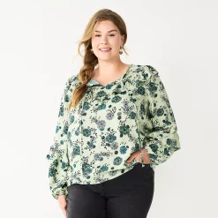 Plus Size Sonoma Goods For Life® Ruffle Peasant Top -StyleUp Sales Store 5662063 Sage Green Floral