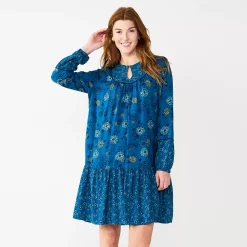 Petite Sonoma Goods For Life® Printed Long Sleeve Dress -StyleUp Sales Store 5662257 Blue Multi Floral
