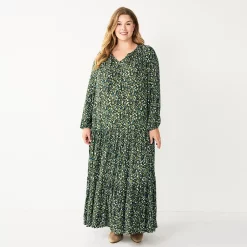 Plus Size Sonoma Goods For Life® Tiered Long Sleeve Maxi Dress -StyleUp Sales Store 5664433 Olive Multi Floral