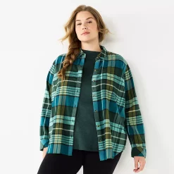 Plus Size Sonoma Goods For Life® Everyday Flannel Shirt -StyleUp Sales Store 5664645 Dark Green Blue Plaid