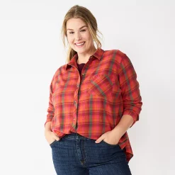 Plus Size Sonoma Goods For Life® Everyday Flannel Shirt -StyleUp Sales Store 5664645 Pink Green Plaid