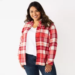 Plus Size Sonoma Goods For Life® Everyday Flannel Shirt -StyleUp Sales Store 5664645 Red Cream Plaid