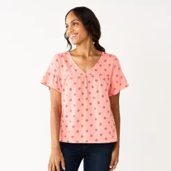 Women's Sonoma Goods For Life® Ruffled Babydoll Top -StyleUp Sales Store 5665750 Coral Mauve Geo