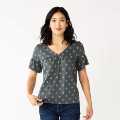 Women's Sonoma Goods For Life® Ruffled Babydoll Top -StyleUp Sales Store 5665750 Gray Gold Geo