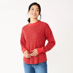 Women's Sonoma Goods For Life® Mockneck Waffle Top -StyleUp Sales Store 5672315 Red Orange Stripe