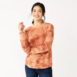 Women's Sonoma Goods For Life® Mockneck Waffle Top -StyleUp Sales Store 5672315 Rust Tie Dye