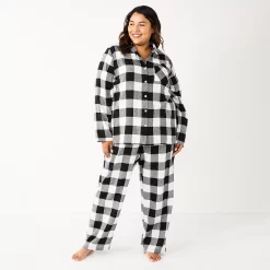 Plus Size Sonoma Goods For Life® Flannel Pajama Shirt & Pajama Pants Sleep Set -StyleUp Sales Store 5677717 Black Buffalo