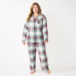 Plus Size Sonoma Goods For Life® Flannel Pajama Shirt & Pajama Pants Sleep Set -StyleUp Sales Store 5677717 Ivory Festive Plaid