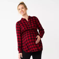 Maternity Sonoma Goods For Life® Belted Empire-Waist Tunic Shirt -StyleUp Sales Store 5679572 Red Plaid