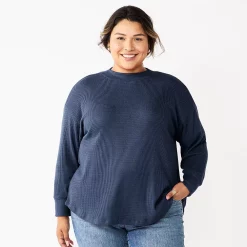 Plus Size Sonoma Goods For Life® Mockneck Waffle Top -StyleUp Sales Store 5686673 Navy Tundra