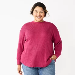 Plus Size Sonoma Goods For Life® Mockneck Waffle Top -StyleUp Sales Store 5686673 Sangria