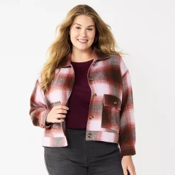 Plus Size Sonoma Goods For Life® Cropped Shacket -StyleUp Sales Store 5686820 Brown Purple Plaid