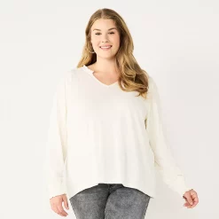 Plus Size Sonoma Goods For Life® Smocked Sleeve V-Neck Top -StyleUp Sales Store 5689960 Cream