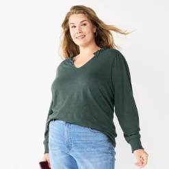 Plus Size Sonoma Goods For Life® Smocked Sleeve V-Neck Top -StyleUp Sales Store 5689960 Dark Green