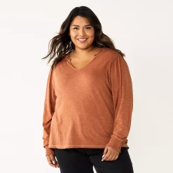 Plus Size Sonoma Goods For Life® Smocked Sleeve V-Neck Top -StyleUp Sales Store 5689960 Orange