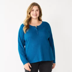 Plus Size Sonoma Goods For Life® Essential Long Sleeve Henley Top -StyleUp Sales Store 5690602 Blue
