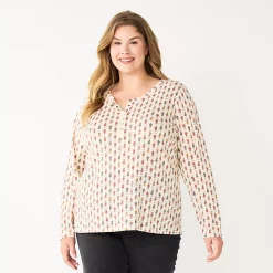 Plus Size Sonoma Goods For Life® Essential Long Sleeve Henley Top -StyleUp Sales Store 5690602 Cream Floral