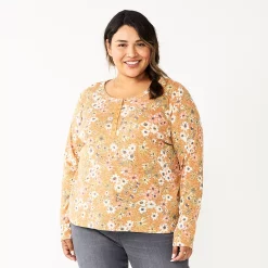 Plus Size Sonoma Goods For Life® Essential Long Sleeve Henley Top -StyleUp Sales Store 5690602 Gold Floral