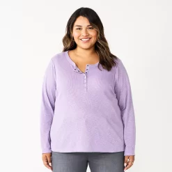 Plus Size Sonoma Goods For Life® Essential Long Sleeve Henley Top -StyleUp Sales Store 5690602 Light Purple
