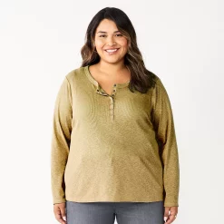 Plus Size Sonoma Goods For Life® Essential Long Sleeve Henley Top -StyleUp Sales Store 5690602 Olive