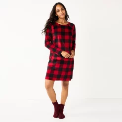 Women's Sonoma Goods For Life® 2-pc. Long Sleeve Crewneck Sleepshirt & Socks Set -StyleUp Sales Store 5690614 Red Plush Buffalo