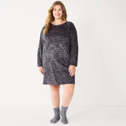 Plus Size Sonoma Goods For Life® 2-pc. Long Sleeve Crewneck Sleepshirt & Socks Set -StyleUp Sales Store 5690616 Black Leopard