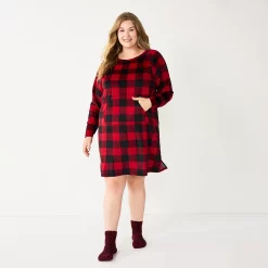 Plus Size Sonoma Goods For Life® 2-pc. Long Sleeve Crewneck Sleepshirt & Socks Set -StyleUp Sales Store 5690616 Red Plush Buffalo