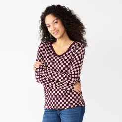 Petite Sonoma Goods For Life® Everyday Long Sleeve V-Neck Top -StyleUp Sales Store 5705363 Berry Checkerboard