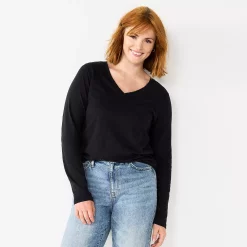 Petite Sonoma Goods For Life® Everyday Long Sleeve V-Neck Top -StyleUp Sales Store 5705363 Black