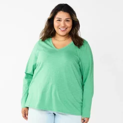 Plus Size Sonoma Goods For Life® Favorite Long Sleeve V-Neck Tee -StyleUp Sales Store 5705505 Aloe Green