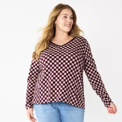 Plus Size Sonoma Goods For Life® Favorite Long Sleeve V-Neck Tee -StyleUp Sales Store 5705505 Berry Checkerboard