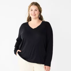 Plus Size Sonoma Goods For Life® Favorite Long Sleeve V-Neck Tee -StyleUp Sales Store 5705505 Black